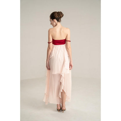 SOTBELLA Pink Flowing Midi Dress with Red Embellished Bustier