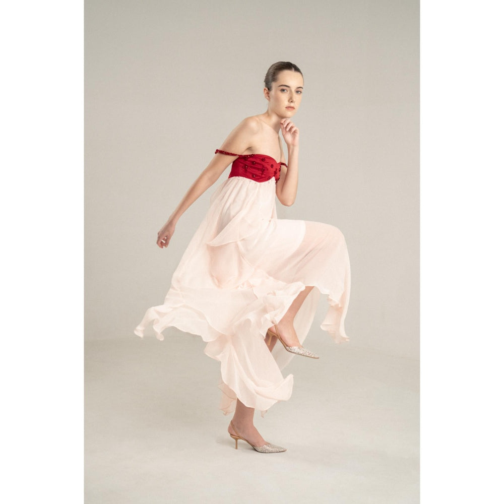 SOTBELLA Pink Flowing Midi Dress with Red Embellished Bustier