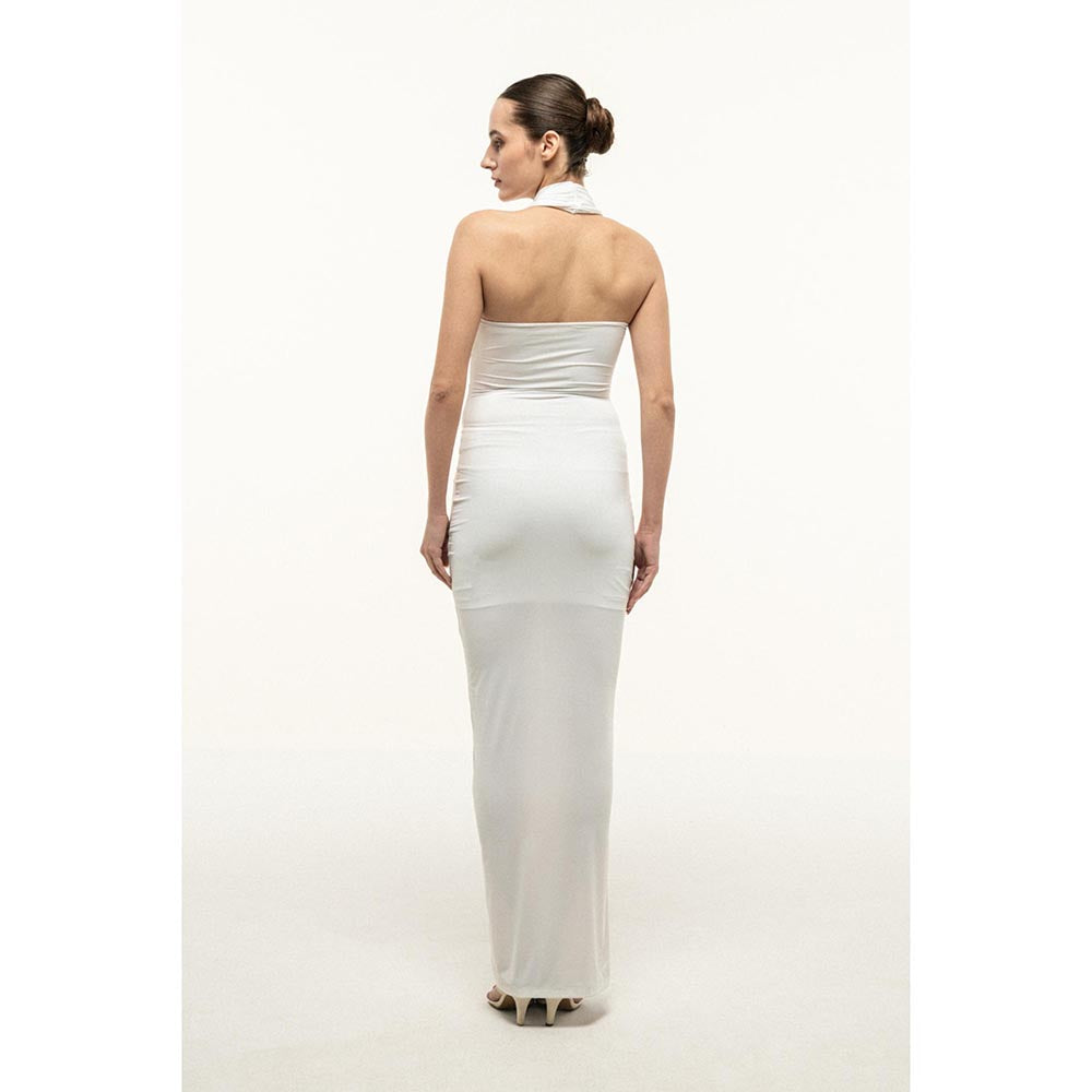 SOTBELLA WHITE HALTER DRAPED COLUMN DRESS WITH GOLD TRIM
