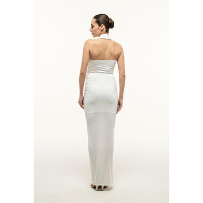 SOTBELLA WHITE HALTER DRAPED COLUMN DRESS WITH GOLD TRIM