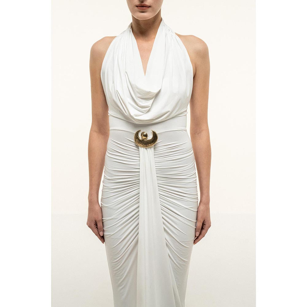 SOTBELLA WHITE HALTER DRAPED COLUMN DRESS WITH GOLD TRIM