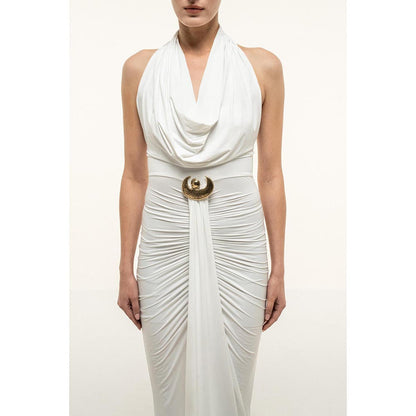 SOTBELLA WHITE HALTER DRAPED COLUMN DRESS WITH GOLD TRIM