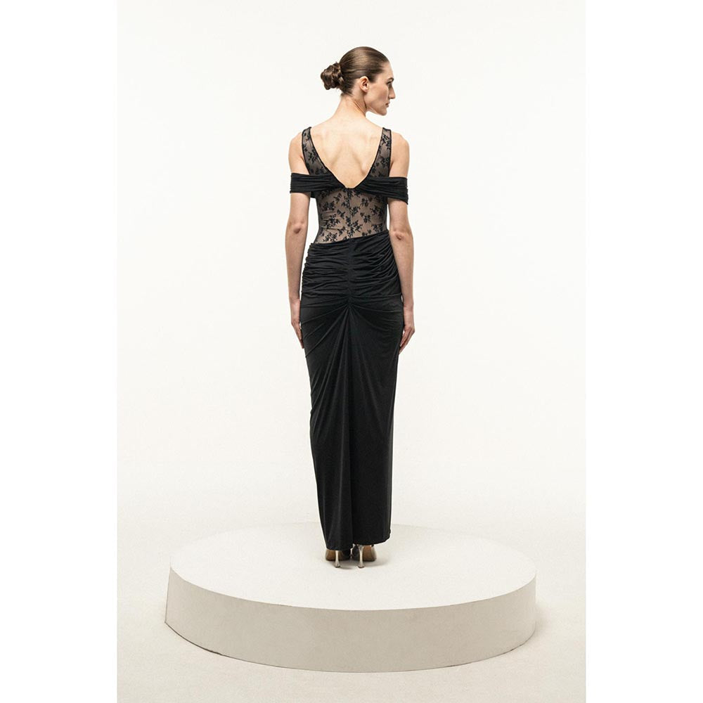 SOTBELLA BLACK LACE BODICE DRAPED MAXI DRESS