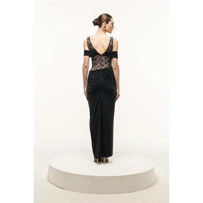 SOTBELLA BLACK LACE BODICE DRAPED MAXI DRESS