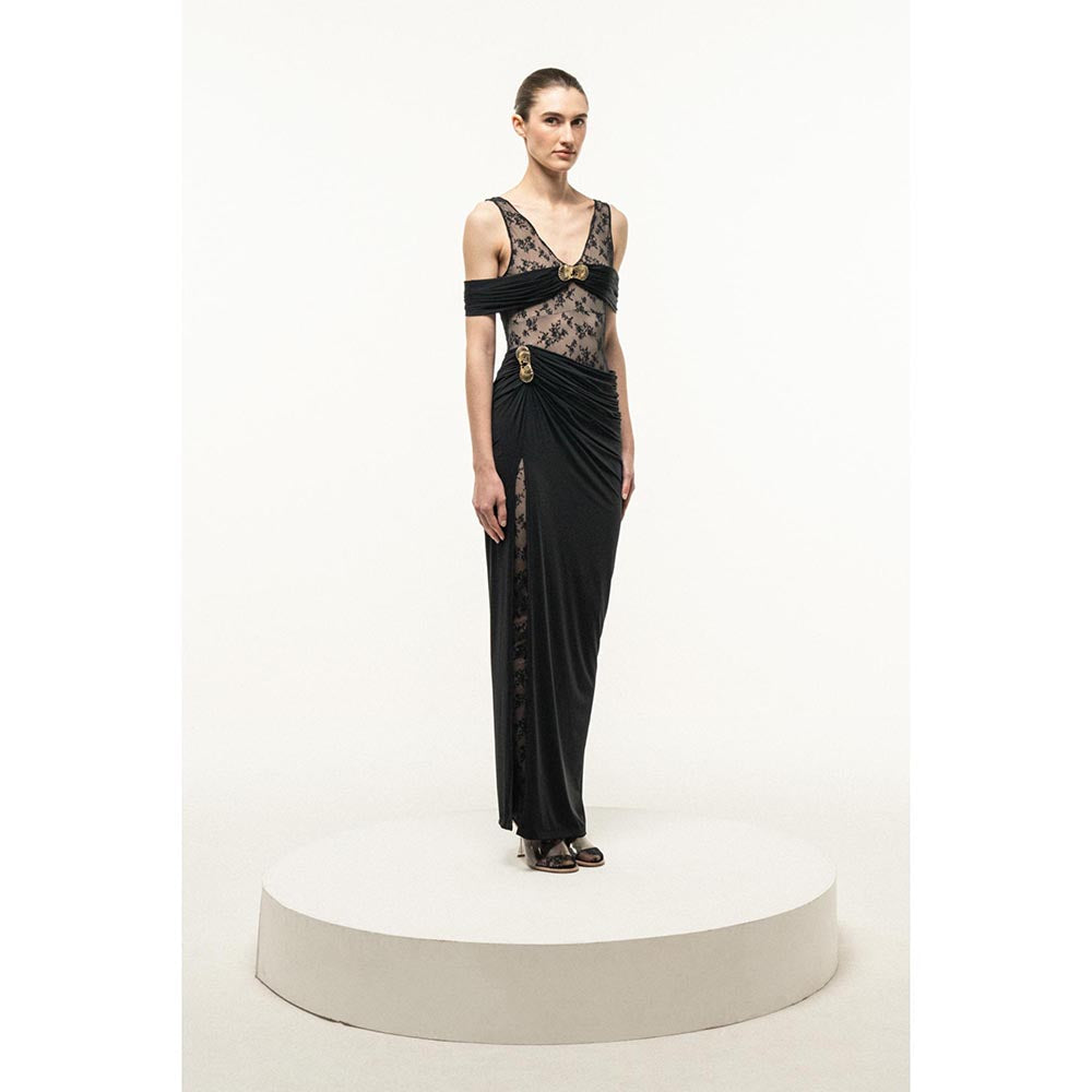 SOTBELLA BLACK LACE BODICE DRAPED MAXI DRESS