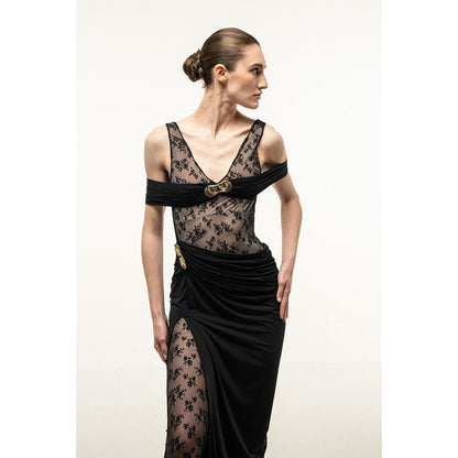 SOTBELLA BLACK LACE BODICE DRAPED MAXI DRESS