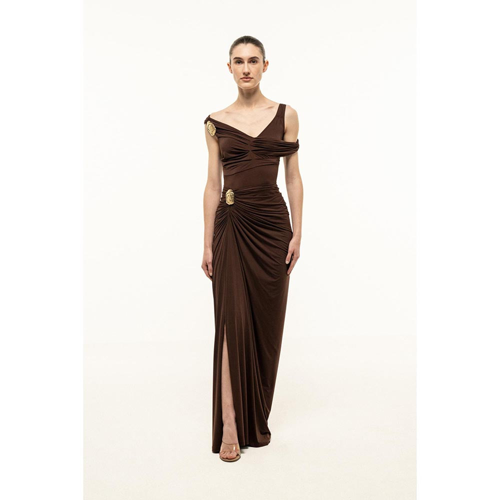 SOTBELLA BROWN DRAPED MAXI DRESS WITH GOLD TRIM
