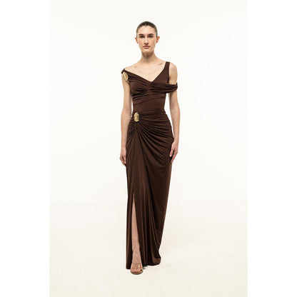 SOTBELLA BROWN DRAPED MAXI DRESS WITH GOLD TRIM