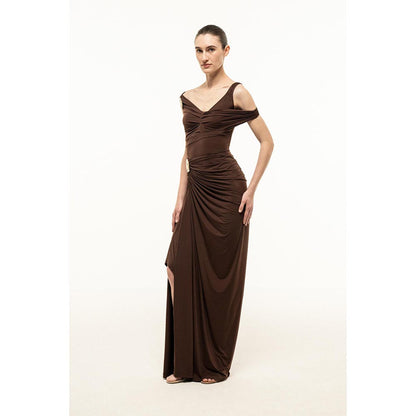 SOTBELLA BROWN DRAPED MAXI DRESS WITH GOLD TRIM