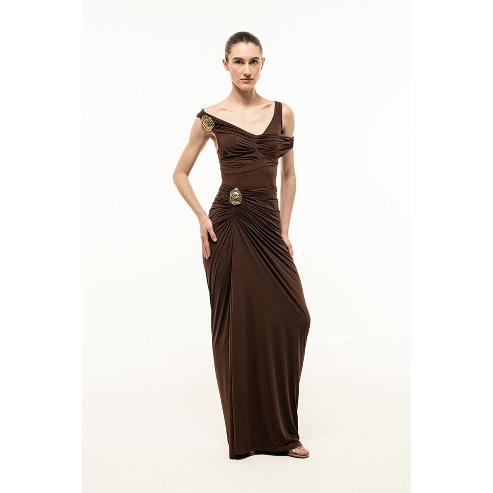 SOTBELLA BROWN DRAPED MAXI DRESS WITH GOLD TRIM