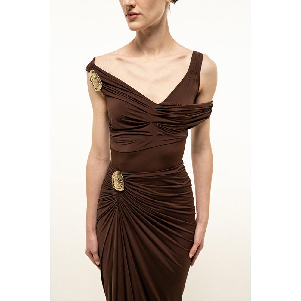 SOTBELLA BROWN DRAPED MAXI DRESS WITH GOLD TRIM