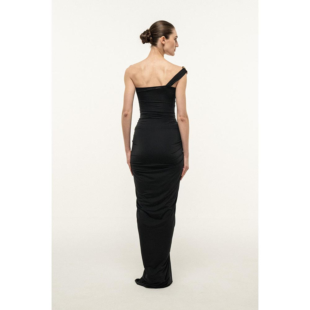 SOTBELLA BLACK ONE-SHOULDER DRAPED MAXI DRESS WITH GOLD SHELL DETAIL