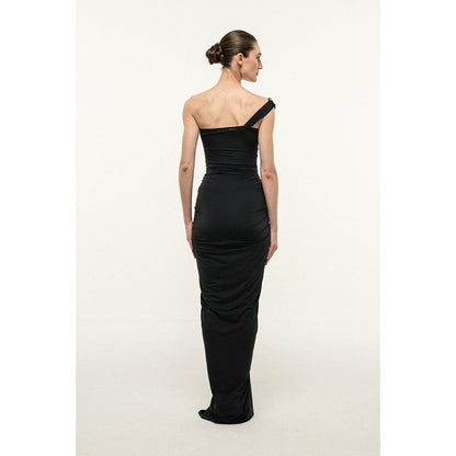 SOTBELLA BLACK ONE-SHOULDER DRAPED MAXI DRESS WITH GOLD SHELL DETAIL