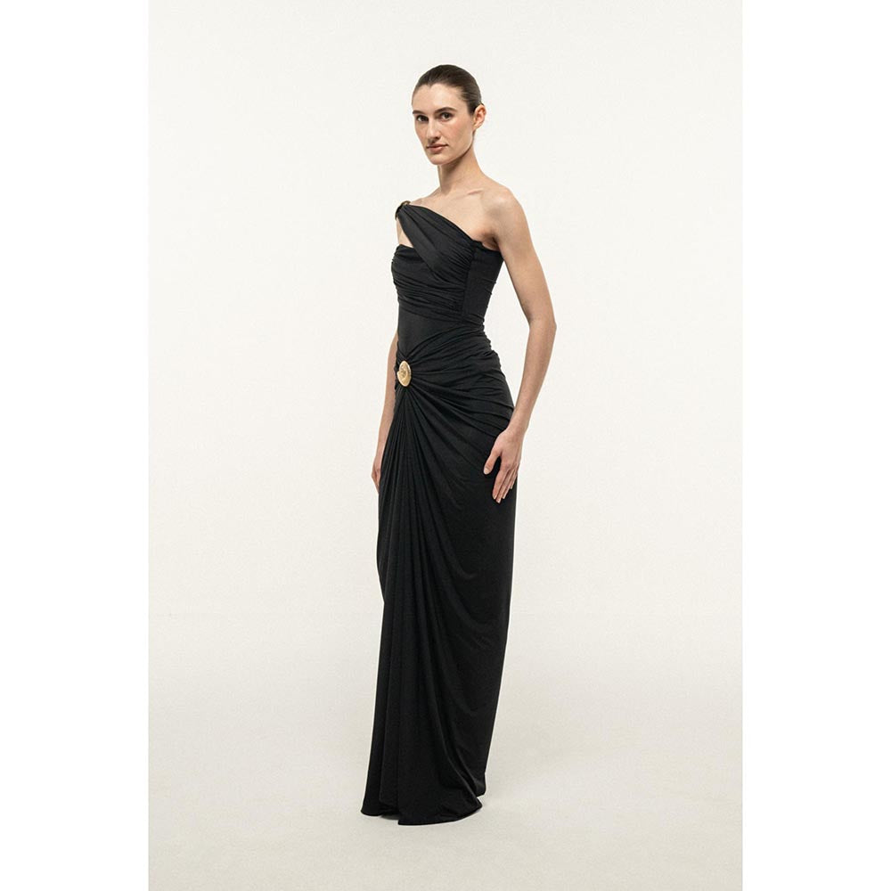 SOTBELLA BLACK ONE-SHOULDER DRAPED MAXI DRESS WITH GOLD SHELL DETAIL