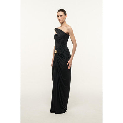 SOTBELLA BLACK ONE-SHOULDER DRAPED MAXI DRESS WITH GOLD SHELL DETAIL