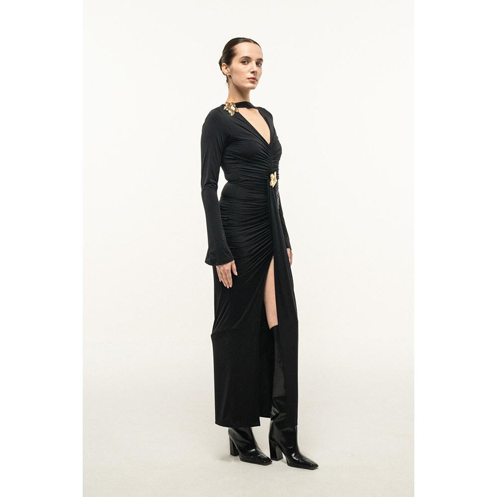 SOTBELLA BLACK RUCHED CUTOUT MAXI DRESS