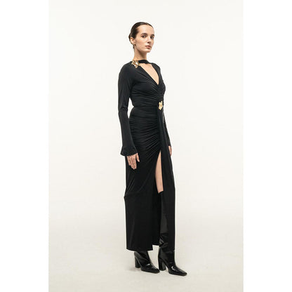 SOTBELLA BLACK RUCHED CUTOUT MAXI DRESS