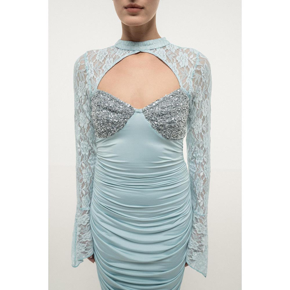 SOTBELLA BLUE LACE SLEEVE RUCHED DRESS