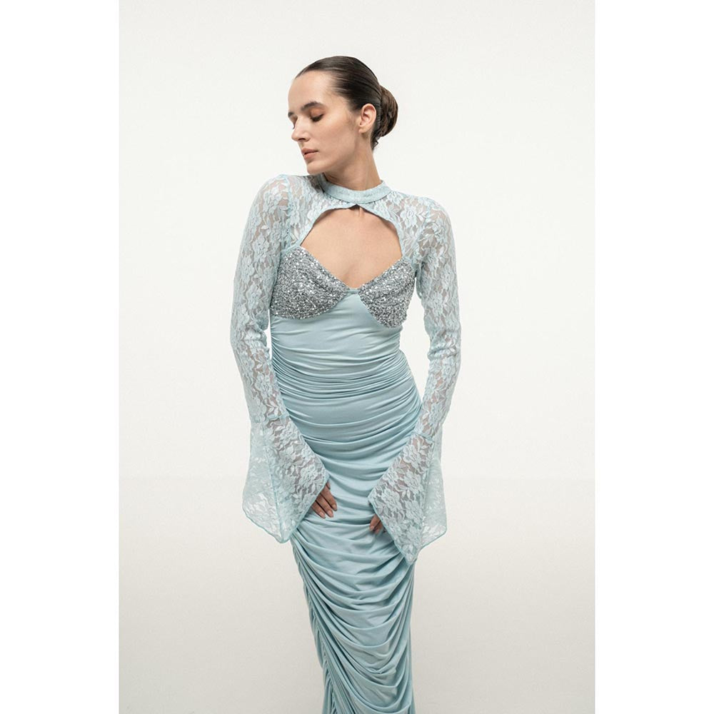 SOTBELLA BLUE LACE SLEEVE RUCHED DRESS