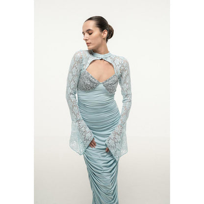 SOTBELLA BLUE LACE SLEEVE RUCHED DRESS