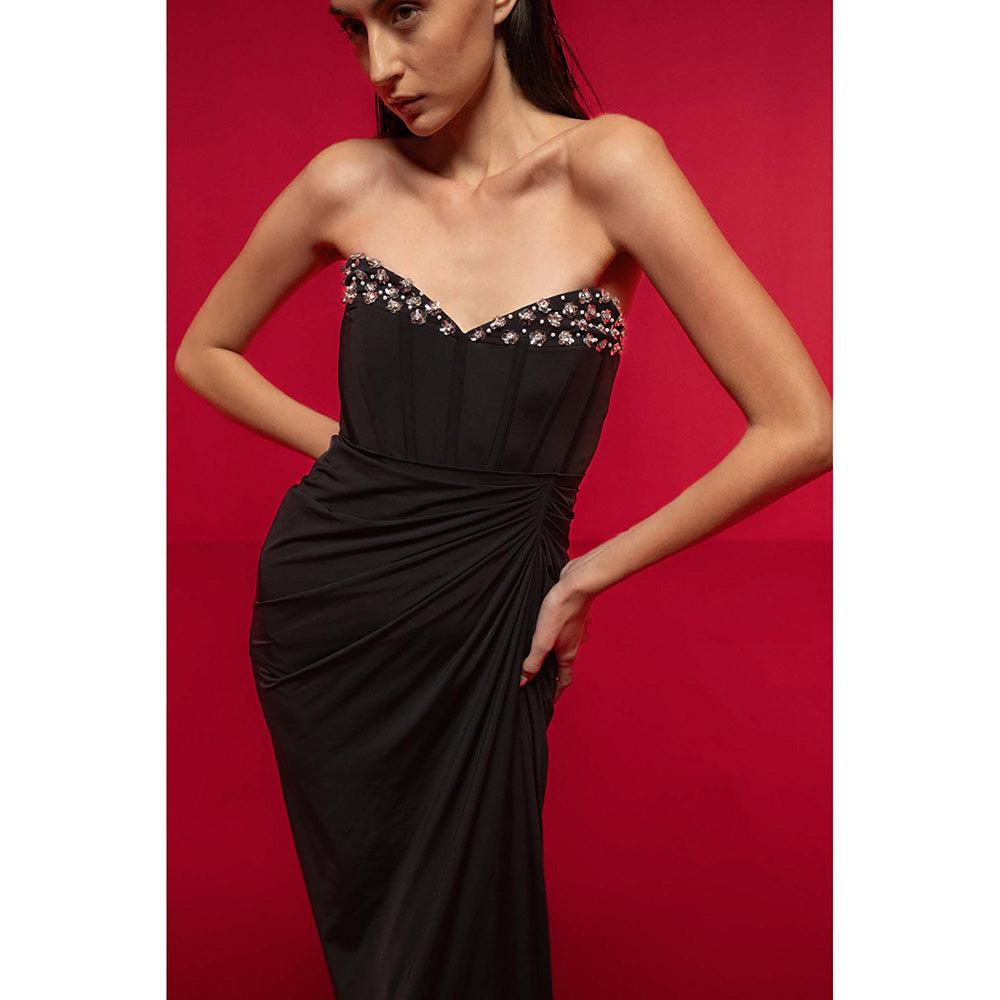 SOTBELLA Black Embellished Strapless Dress with Slit