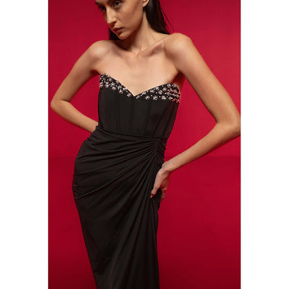 SOTBELLA Black Embellished Strapless Dress with Slit