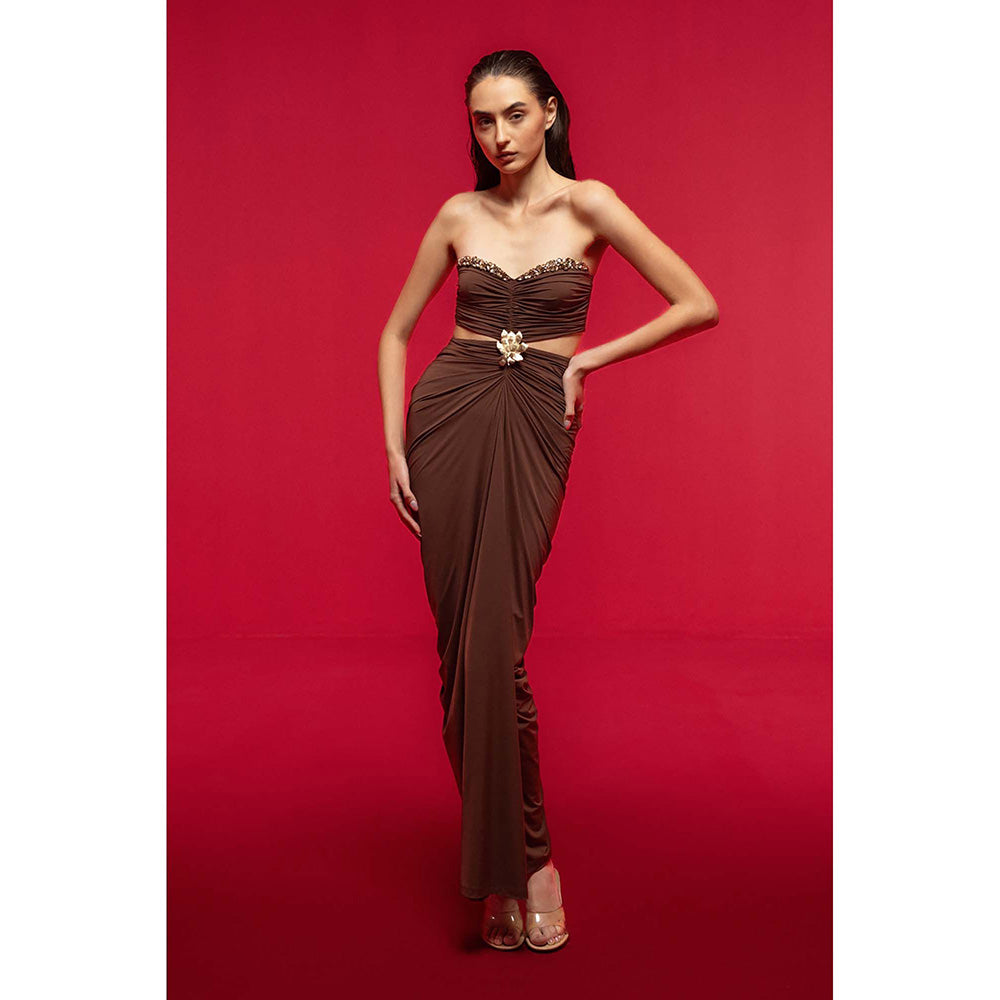 SOTBELLA Draped Brown Dress with Side Cut-Outs