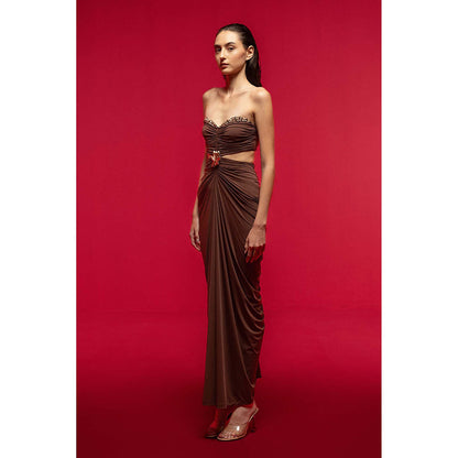 SOTBELLA Draped Brown Dress with Side Cut-Outs