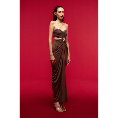 SOTBELLA Draped Brown Dress with Side Cut-Outs