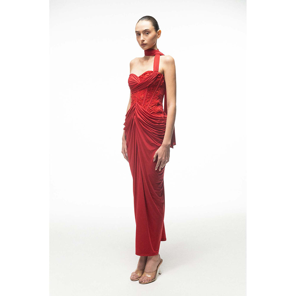 SOTBELLA Red Draped Dress with Neck Wrap