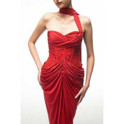 SOTBELLA Red Draped Dress with Neck Wrap