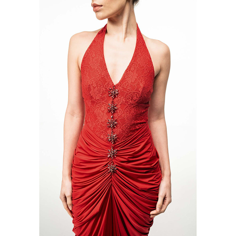 SOTBELLA Red Halter Neck Draped Dress
