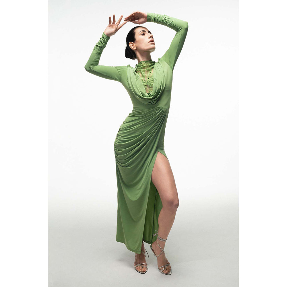 SOTBELLA Green Lace Panel Draped Dress
