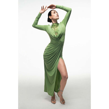 SOTBELLA Green Lace Panel Draped Dress