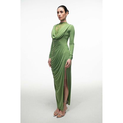 SOTBELLA Green Lace Panel Draped Dress