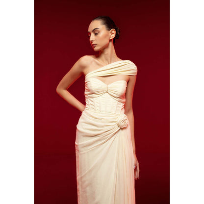 SOTBELLA Ivory One-Shoulder Draped Dress