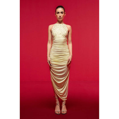 SOTBELLA Yellow Embellished Halter-Neck Draped Dress