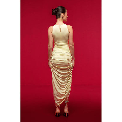 SOTBELLA Yellow Embellished Halter-Neck Draped Dress