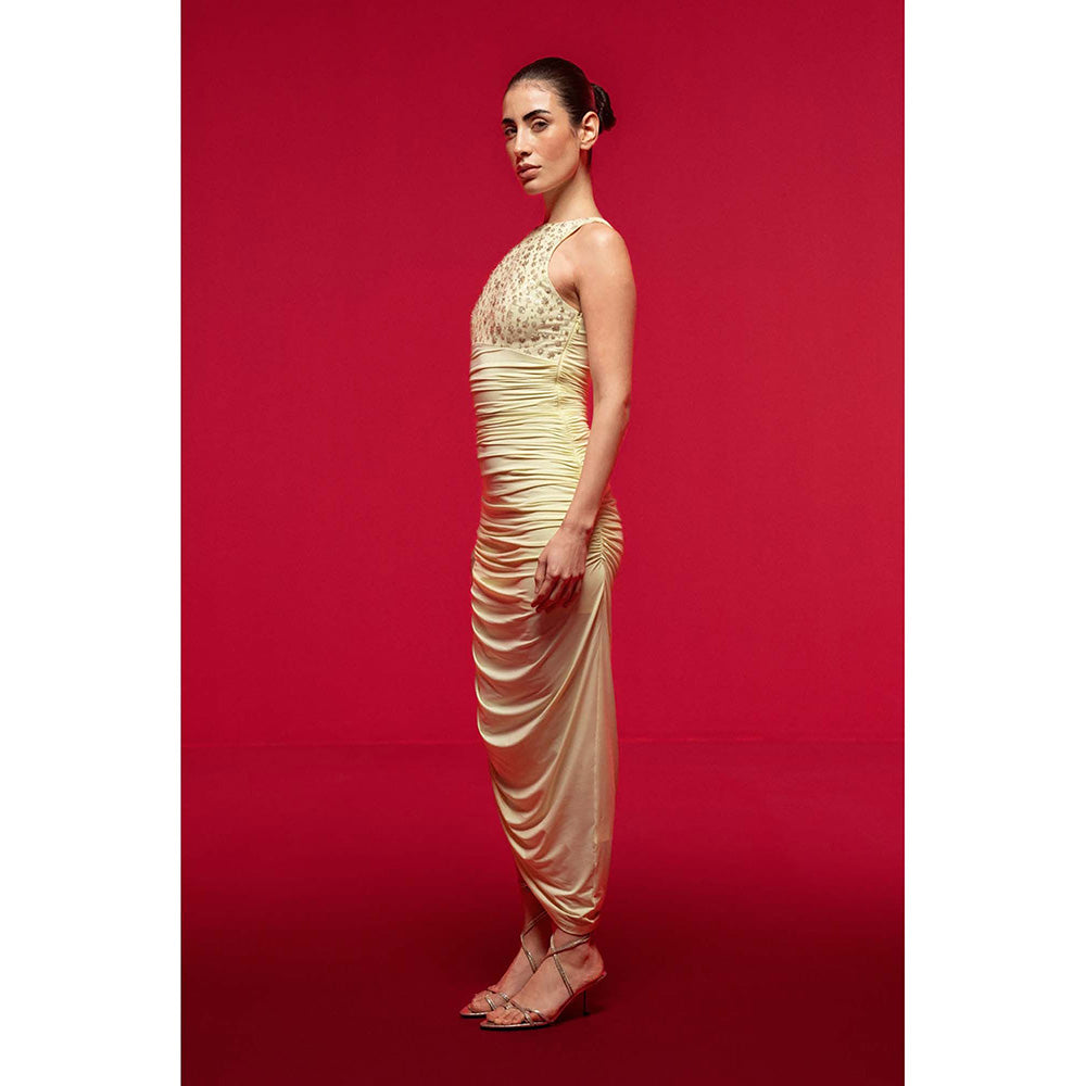 SOTBELLA Yellow Embellished Halter-Neck Draped Dress