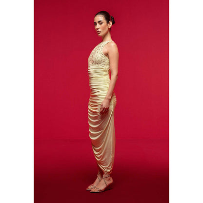 SOTBELLA Yellow Embellished Halter-Neck Draped Dress