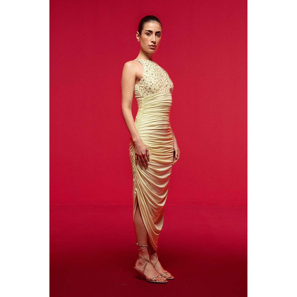 SOTBELLA Yellow Embellished Halter-Neck Draped Dress