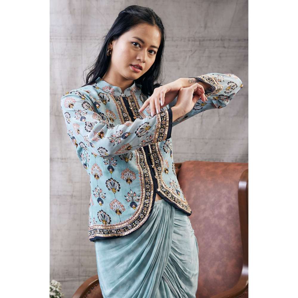 Soup by Sougat Paul Sarouk Printed Drape Skirt Embroidered Top (Set of 2)