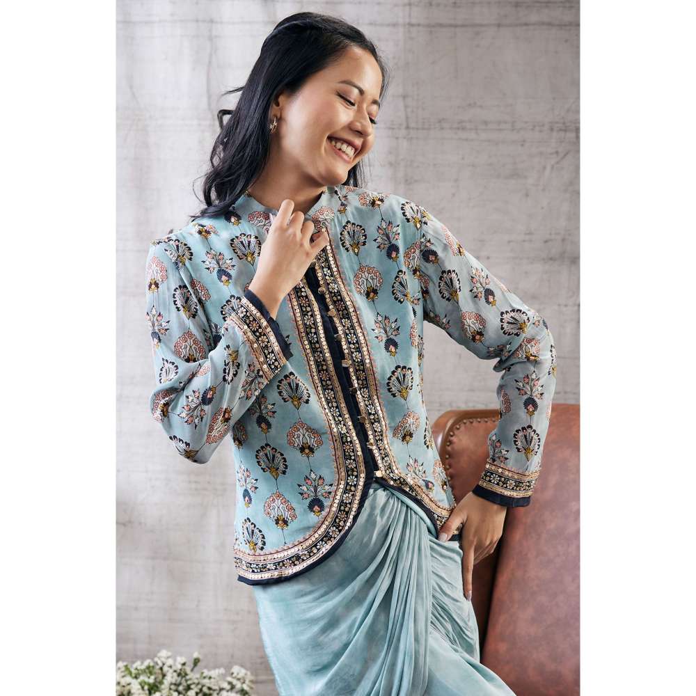 Soup by Sougat Paul Sarouk Printed Drape Skirt Embroidered Top (Set of 2)