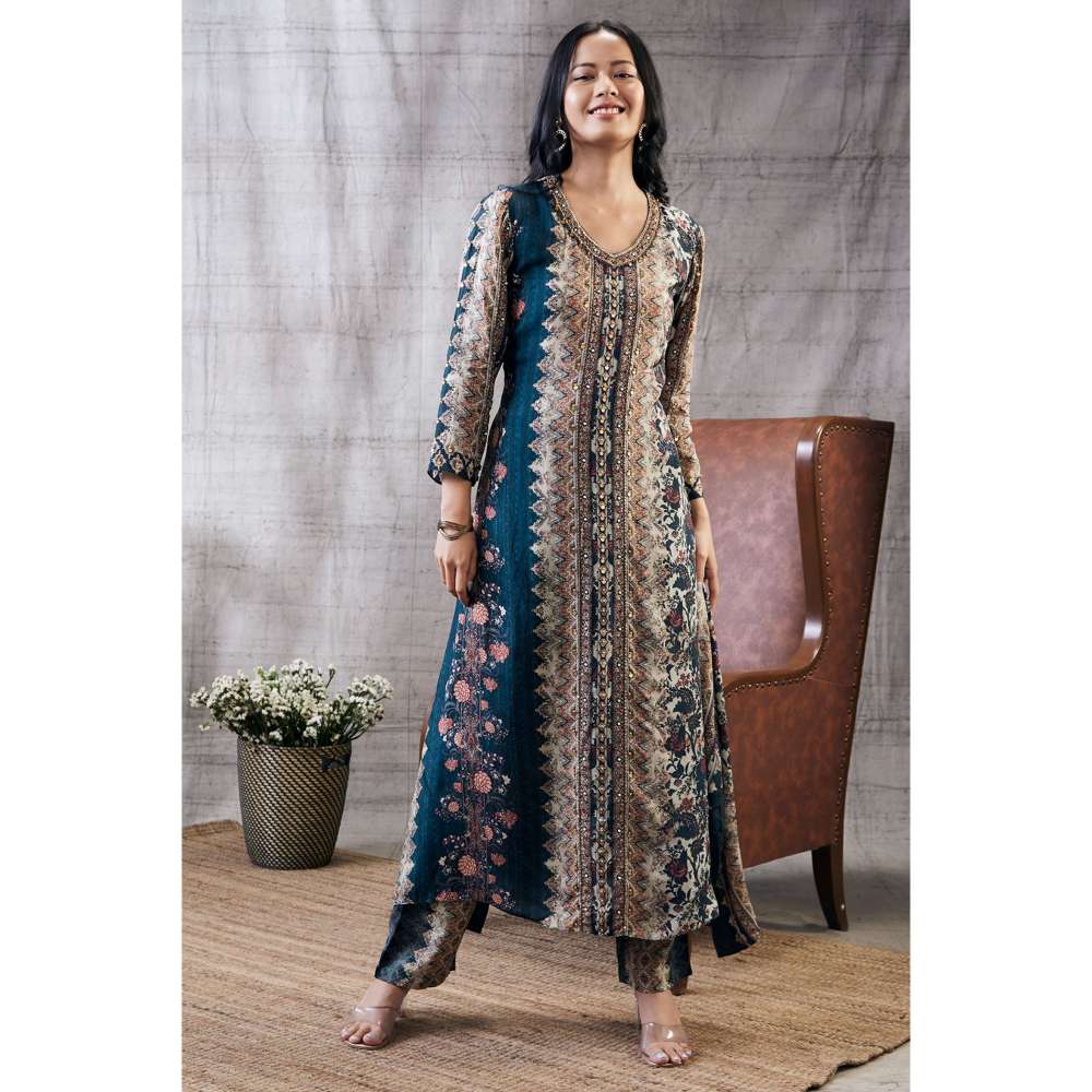 Soup by Sougat Paul Dilara Blue Embroidered Kurta (Set of 2)