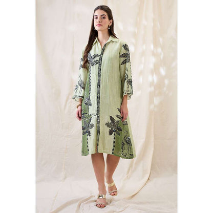 Soup by Sougat Paul Green Noorani Printed Embellished Dress with Slip (Set of 2)