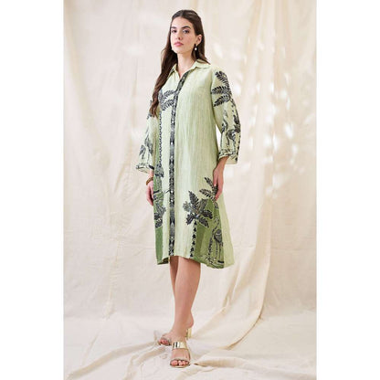 Soup by Sougat Paul Green Noorani Printed Embellished Dress with Slip (Set of 2)