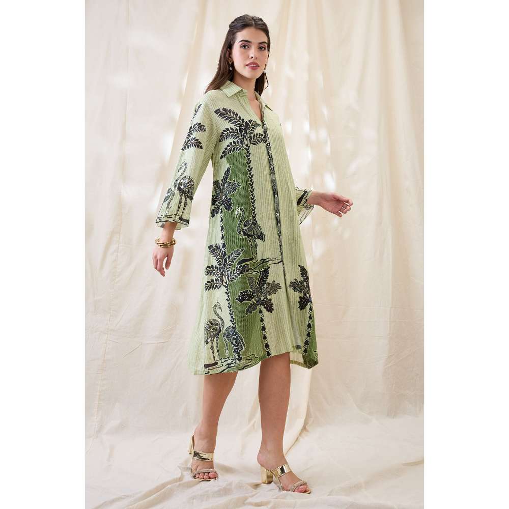 Soup by Sougat Paul Green Noorani Printed Embellished Dress with Slip (Set of 2)