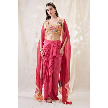 Soup by Sougat Paul Pink Ravya Floral Print Embellished Blouse with Skirt and Cape (Set of 3)