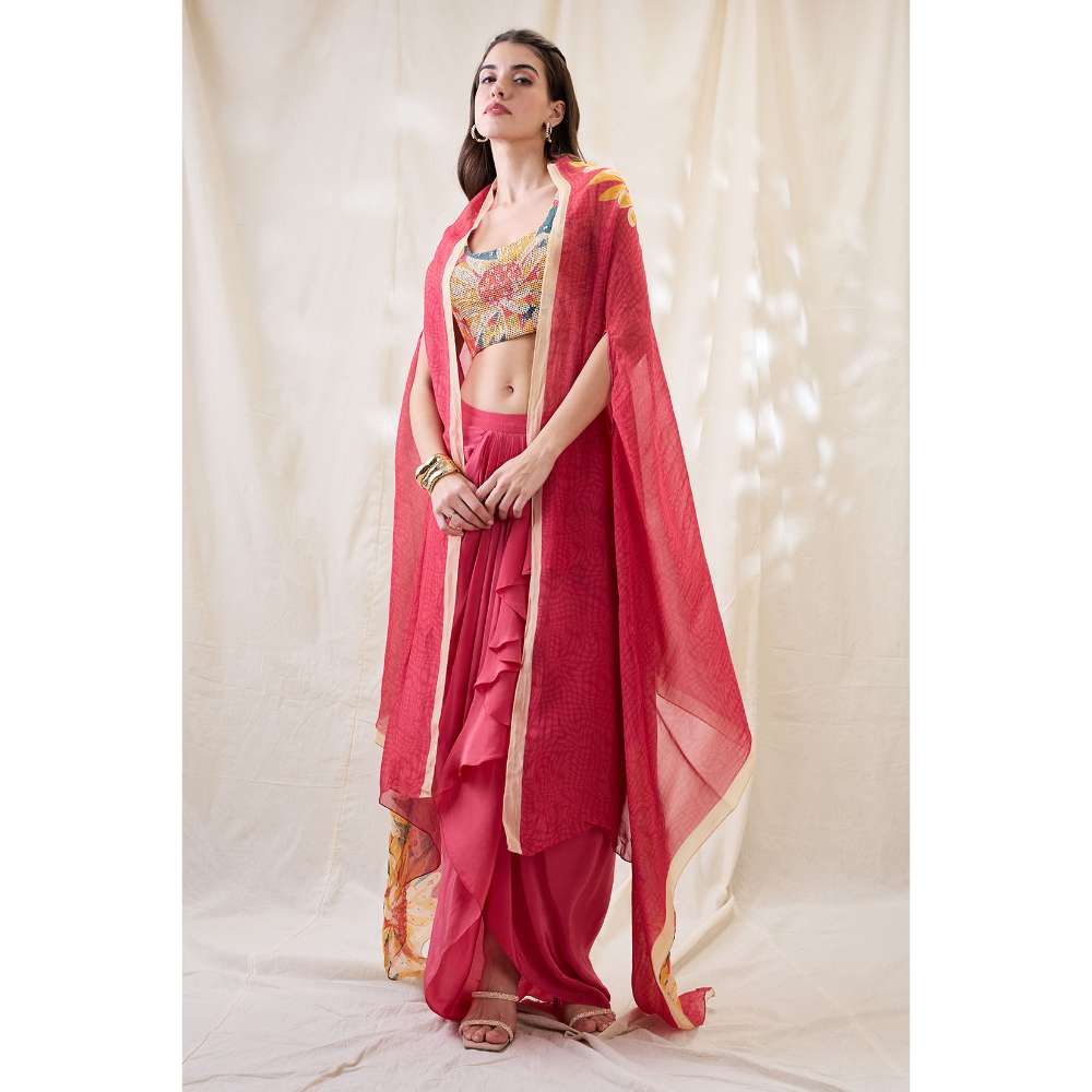 Soup by Sougat Paul Pink Ravya Floral Print Embellished Blouse with Skirt and Cape (Set of 3)