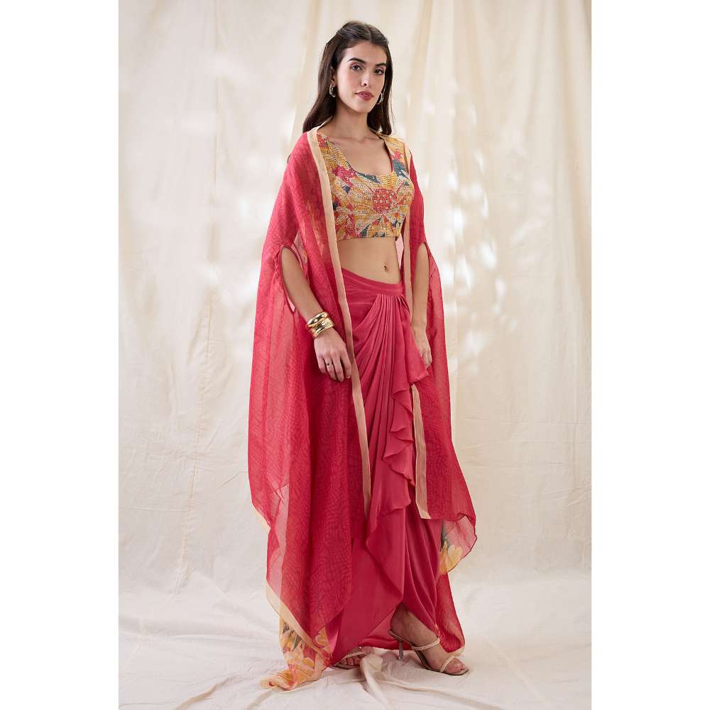 Soup by Sougat Paul Pink Ravya Floral Print Embellished Blouse with Skirt and Cape (Set of 3)